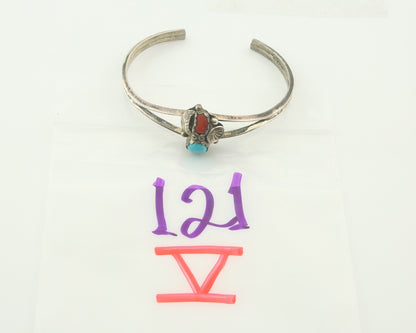 Navajo Bracelet 925 Silver Coral & Turquoise Cuff Signed C.80's