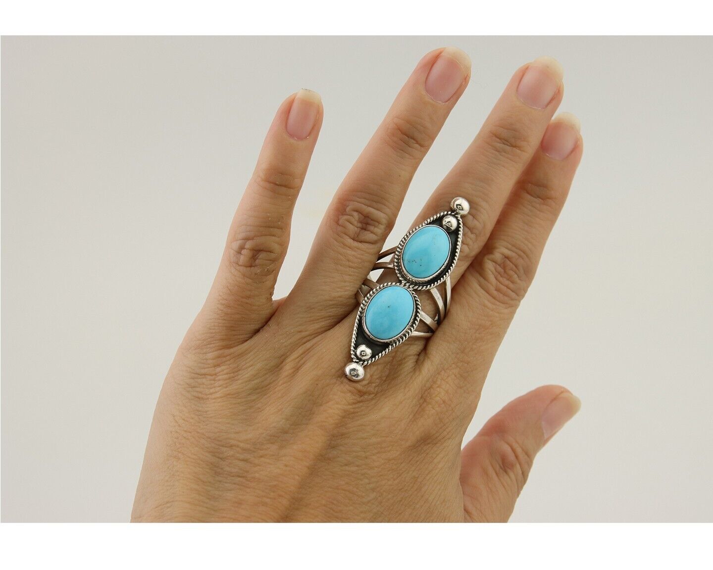 Navajo Ring 925 Silver Natural Blue Turquoise Signed Running Bear C.80's