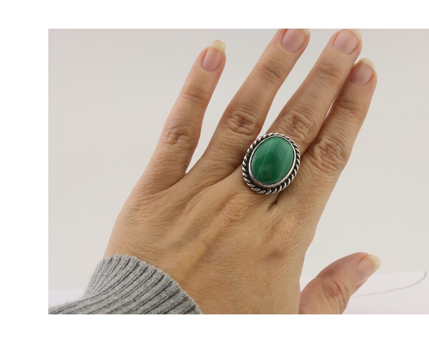 Navajo Ring 925 Silver Natural Malachite Native American Artist Size 7.25 C.80's