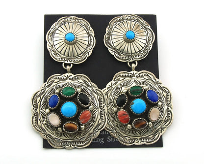 Navajo Concho Earrings Sterling Silver Natural Gemstones Vintage Handmade