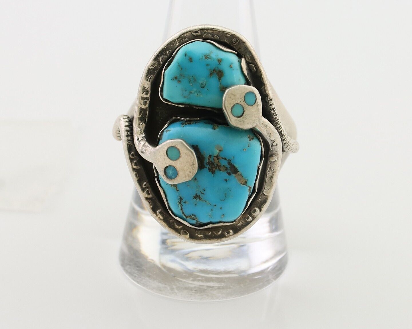 Mens Heavy Zuni Snake Ring 925 Silver Turquoise Signed EFFIE CALAVASA C.80's