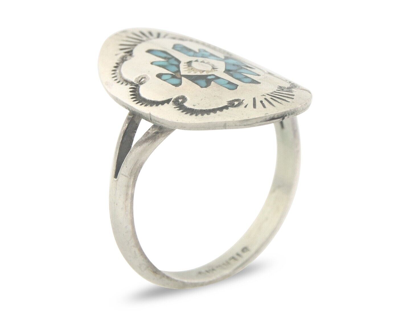 Navajo Ring 925 Sterling Natural Chip Inlay Turquoise C.80's Size 6.0