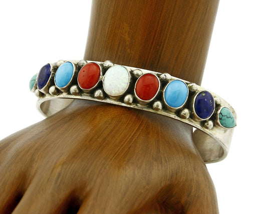 Navajo Gemstone Bracelet .925 Silver Handmade Signed L James C.80's