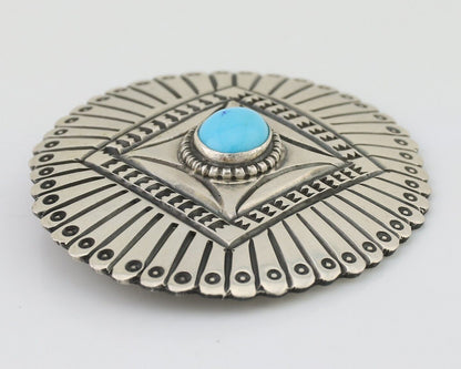 Navajo Pin 925 Silver Natural Turquoise Hand Stamped Native Artist C.80s