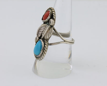 Navajo Handmade Ring 925 Silver Blue Turquoise & Coral Size 8.75 C.80's