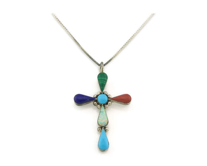 Navajo Cross Necklace Sterling Silver Natural Gemstones Artist Signed CC