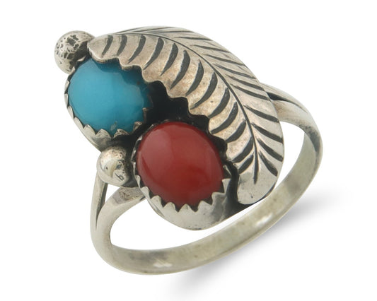 Navajo Ring 925 Sterling Natural Coral & Turquoise Signed BB C.80's Size 6.5