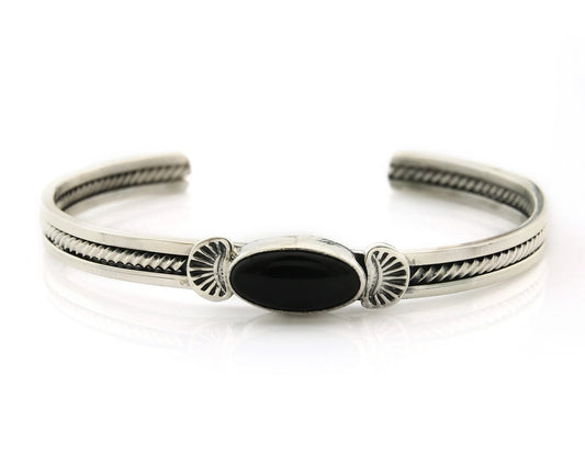 Navajo Cuff Bracelet Sterling Silver Black Onyx Handmade Vintage