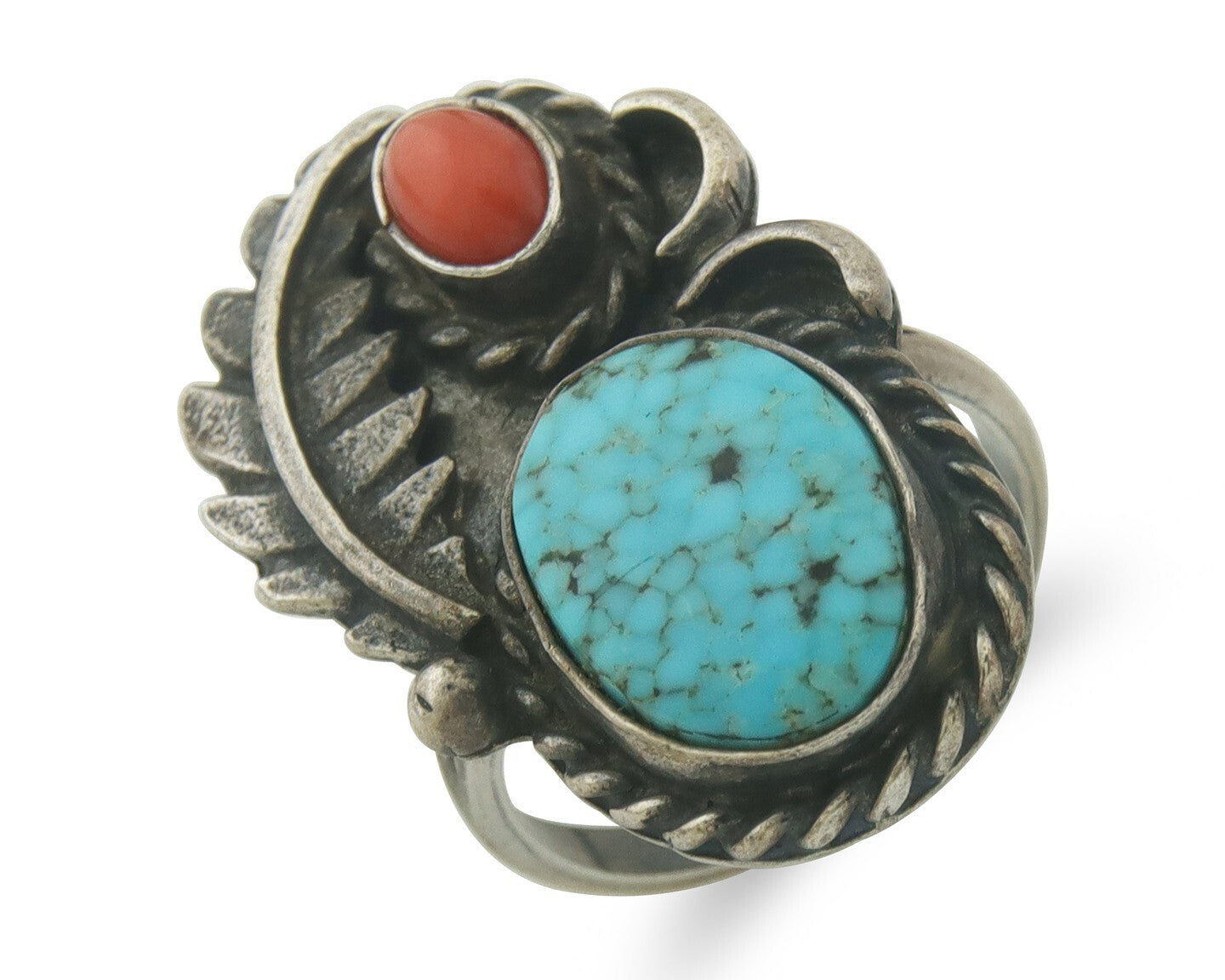 Navajo Ring 925 Sterling Turquoise & Coral Native Artist C.80's Size 7.5