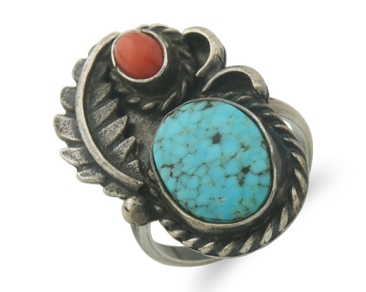 Navajo Ring 925 Sterling Turquoise & Coral Native Artist C.80's Size 7.5
