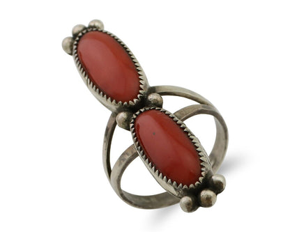 Navajo Ring 925 Silver Mediterranean Coral Native American Artist C.80's