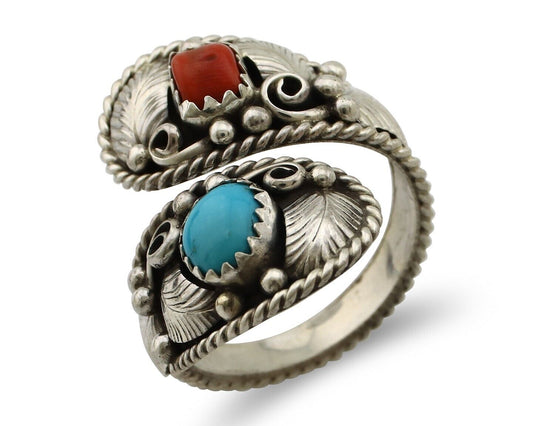 Navajo Adjustable Ring 925 Silver Turquoise & Coral Artist Signed Gecko C.80's