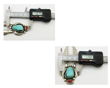 Navajo Necklace 925 Silver Turquoise & Coral Artist Signed Rabbit Stick C.2008