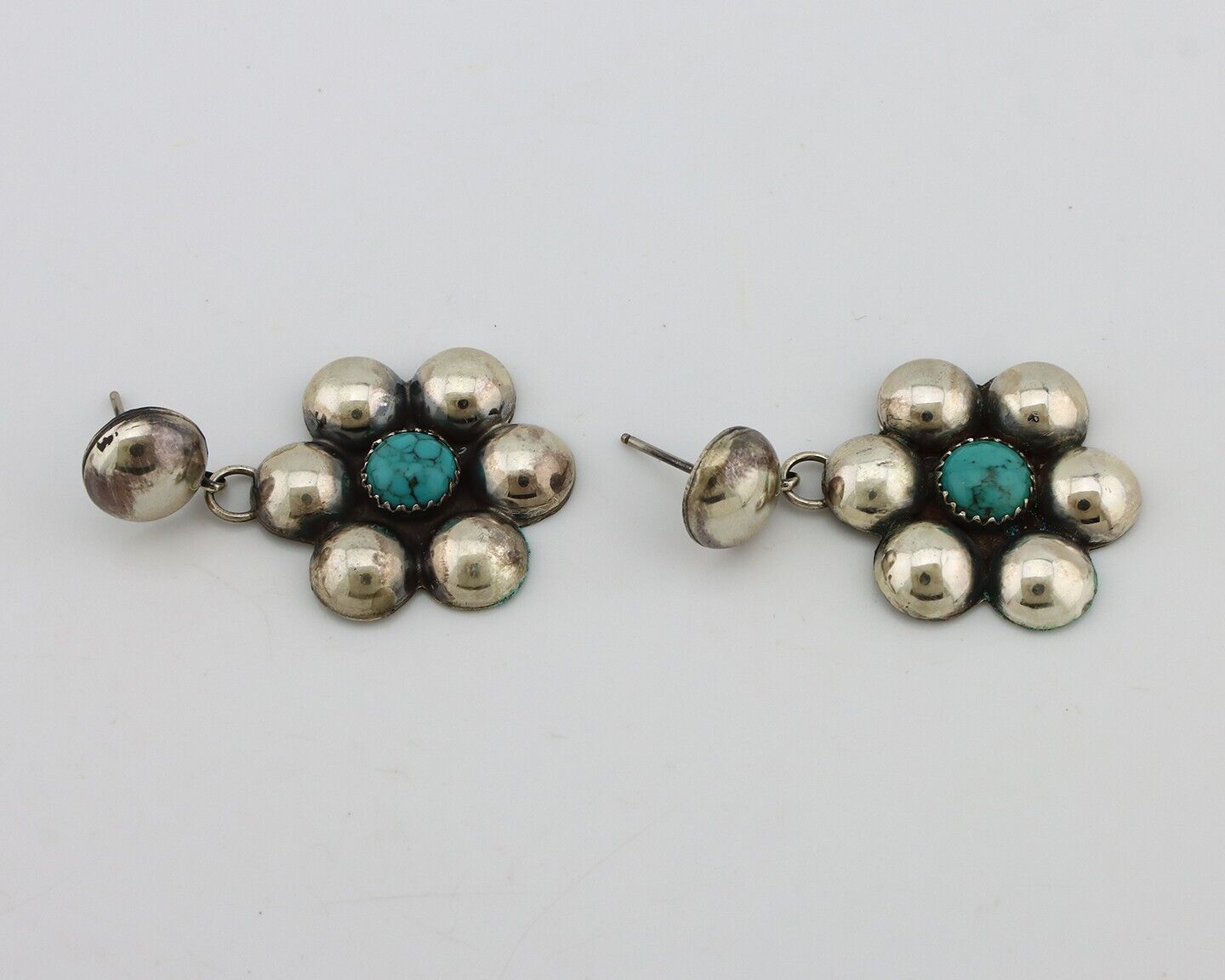 Navajo Handmade Earrings 925 Silver Blue Turquoise Artist Signed Daye C.80's