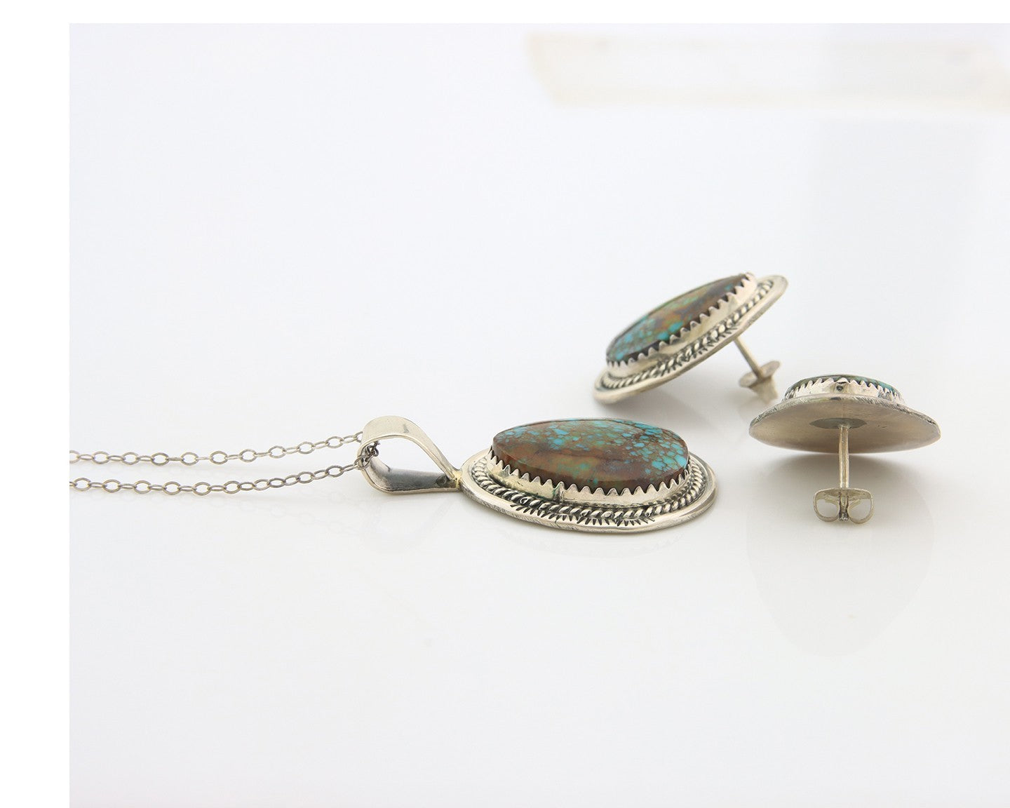 Navajo Necklace Earrings Set Sterling Silver Turquoise Vintage Signed Spencer