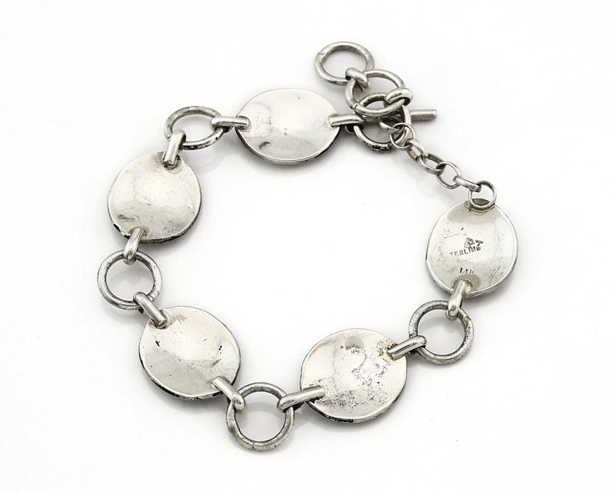 Navajo Cuff Bracelet Sterling Silver & 14k Gold Vintage Signed RT C.80's