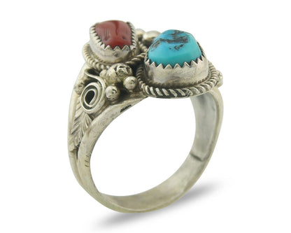 Men Navajo Ring 925 Sterling Natural Coral & Turquoise Signed JM C.80's Size 11