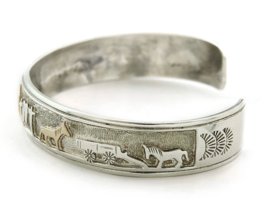 Navajo Cuff Bracelet Sterling Silver & 14k Gold Vintage Handmade Signed NAKAI