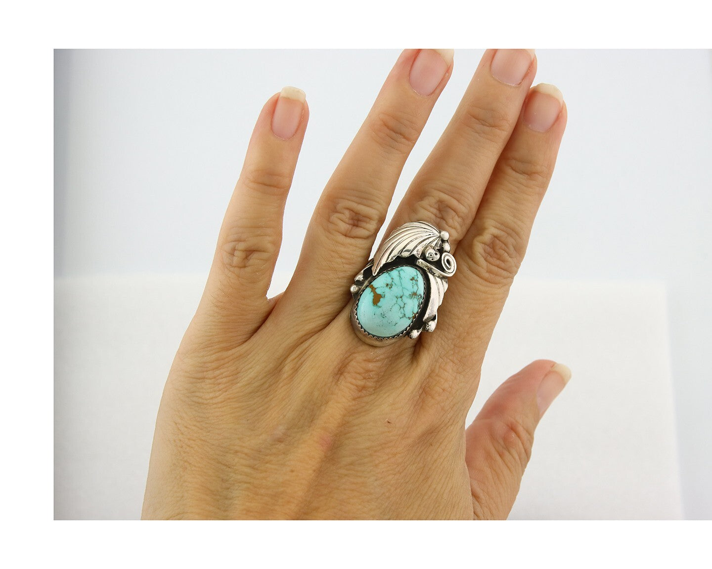 Traditional Navajo Ring Sterling Silver Authentic Turquoise Signed PM Size 7.25