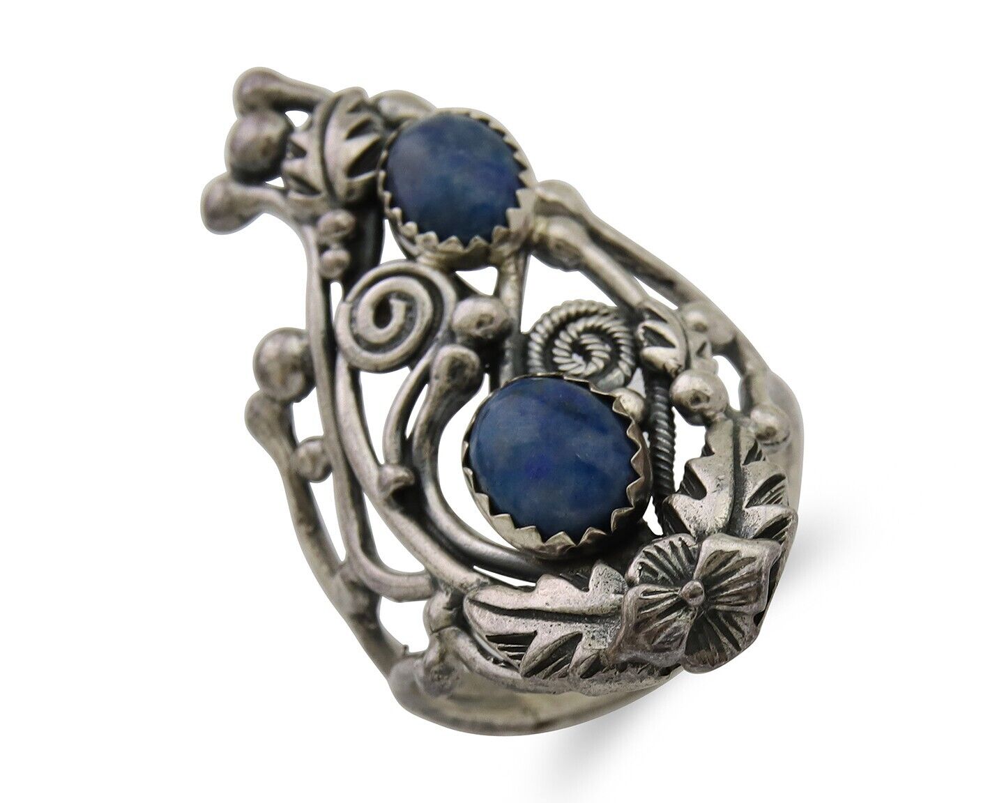 Navajo Ring 925 Silver Natural Denim Lapis Artist Signed Prairie Fire C.80's