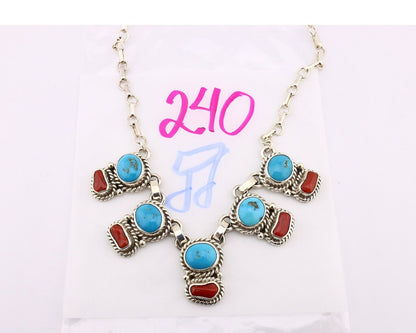 Navajo Necklace 925 Silver Natural Blue Turquoise & Coral Native American C80s