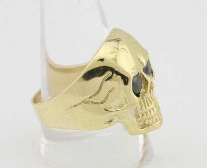 Men 14k SOLID Gold Skull Ring Lab Created Black Onyx Eyes Size 12