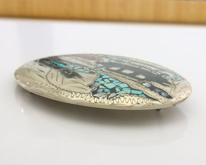 Navajo Belt Buckle .999 Nickel Gemstone Handmade Signed AL 3.0 x 4.0 in C.80s