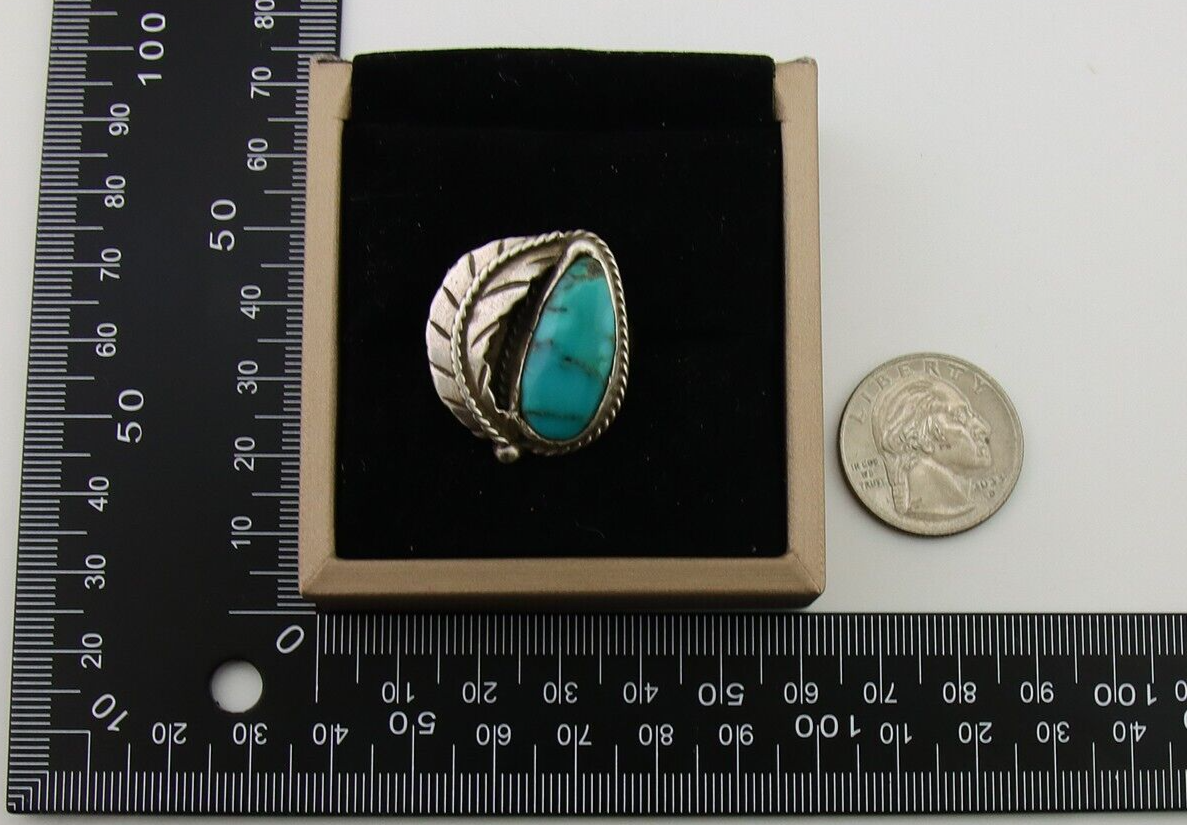 Navajo Ring 925 Sterling Silver Blue Turquoise Native American Artist C.80's