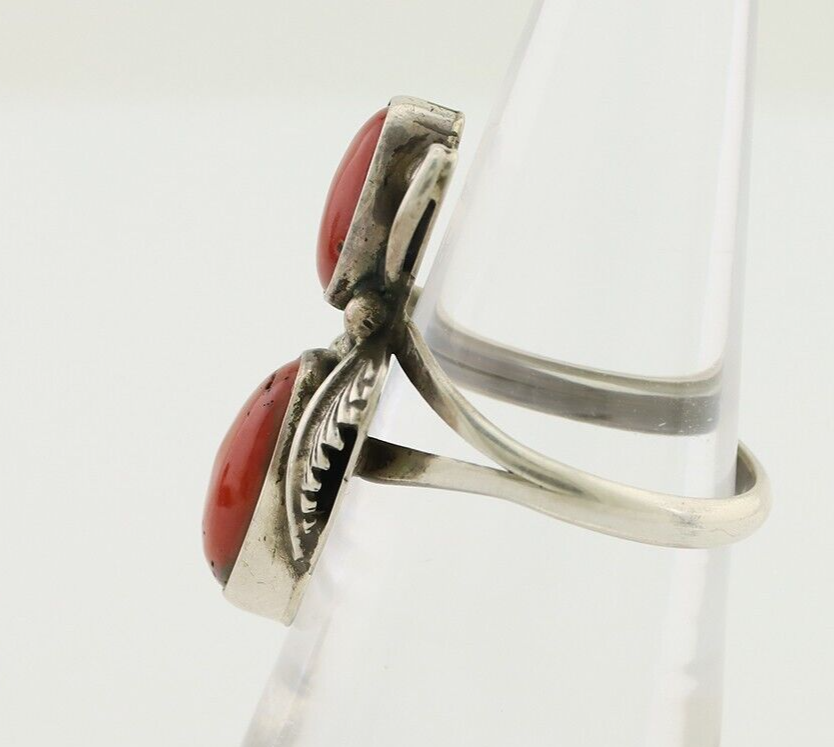Navajo Ring 925 Silver Natural Mediterranean Coral Artist Signed A C.80's
