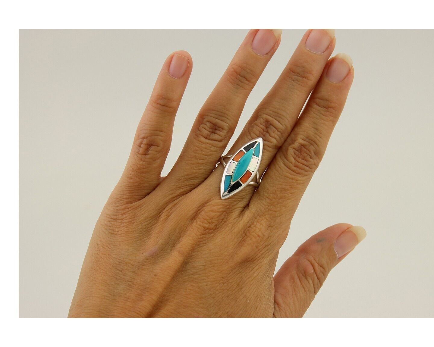 Navajo Ring 925 Silver Turquoise Shell Onyx Spiney Oyster Native Artist C80's