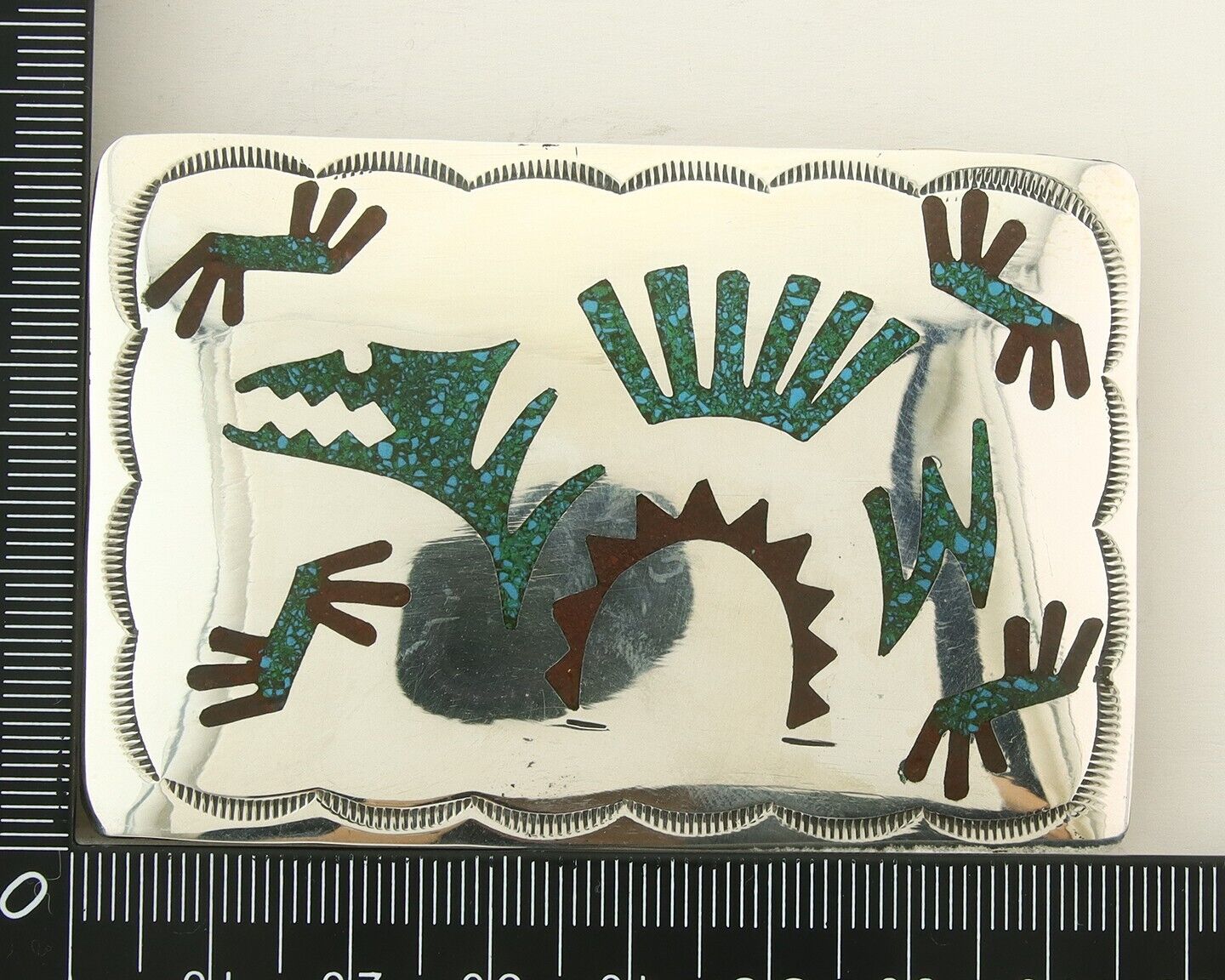 Vintage Navajo Belt Buckle 925 Silver Handmade Inlaid Gemstone Signed HB