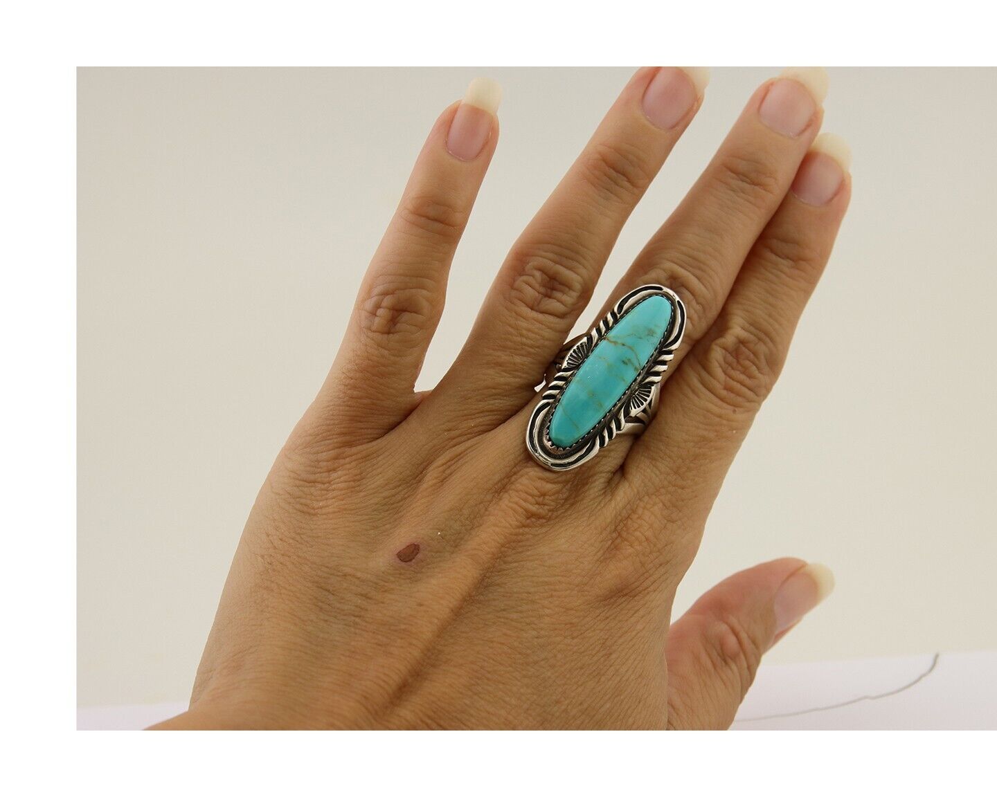 Navajo Hand Stamped Ring 925 Silver Turquoise Native Artist Begay C.80's