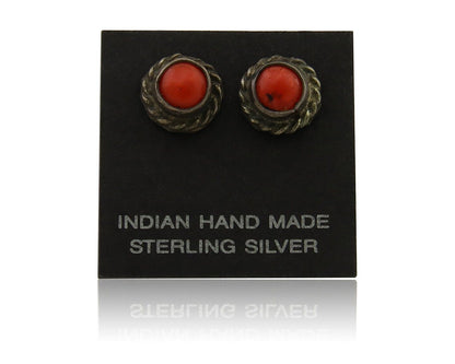 Navajo Earrings 925 Silver Natural Red Coral Native American Artist C.80's