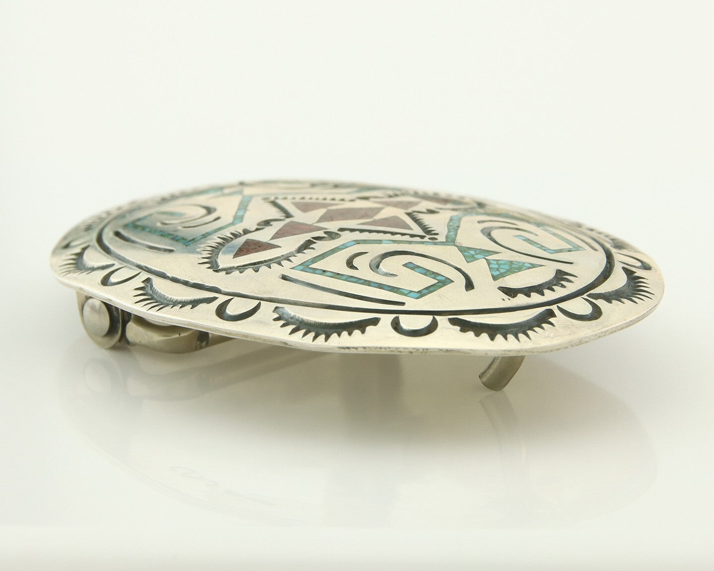 Vintage Navajo Belt Buckle 925 Silver Handmade Inlaid Gemstone Stanely Bain