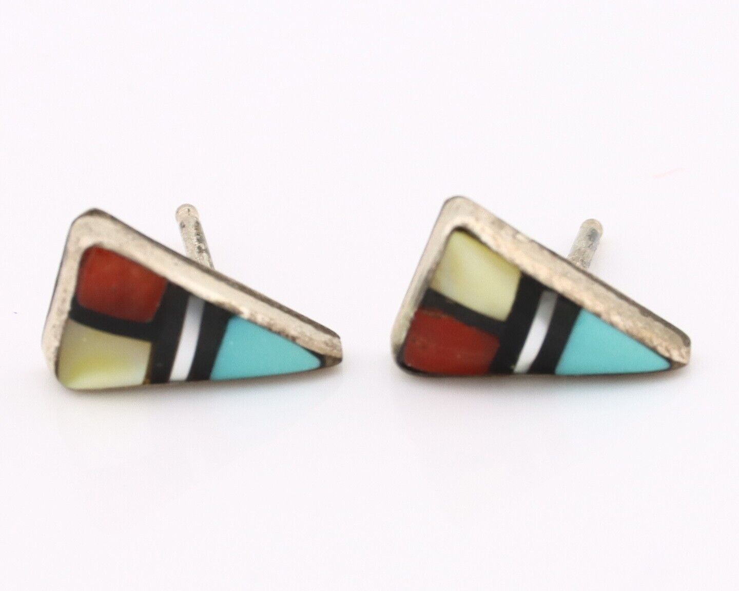 Zuni Earrings 925 Silver Natural Gemstones & Turquoise Native Artist C.80's