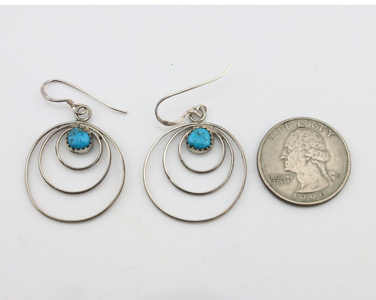 Navajo Dangle Handmade Earrings 925 Silver Blue Turquoise Native Artist C.80's