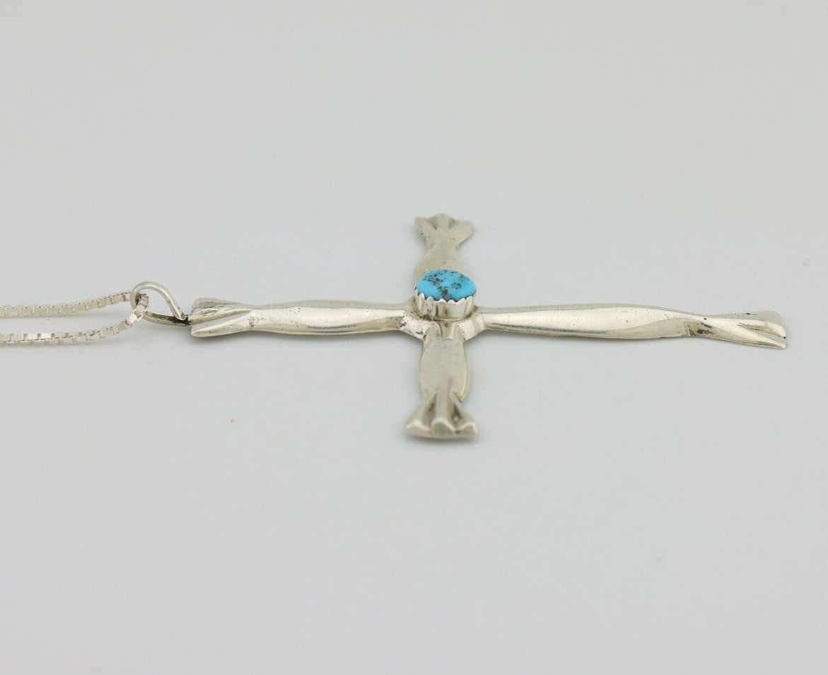 Navajo Sandcast Cross Necklace 925 Silver Turquoise Native Artist C.80's