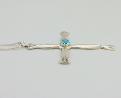 Navajo Sandcast Cross Necklace 925 Silver Turquoise Native Artist C.80's