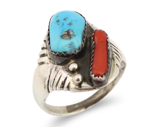 Navajo Ring 925 Silver Sleeping Beauty Turquoise & Coral Native Artist C.80s