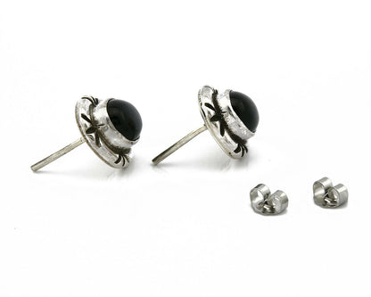 Navajo Hand Stamped Natural Mined Black Onyx .925 SOLID Silver Stud Earrings