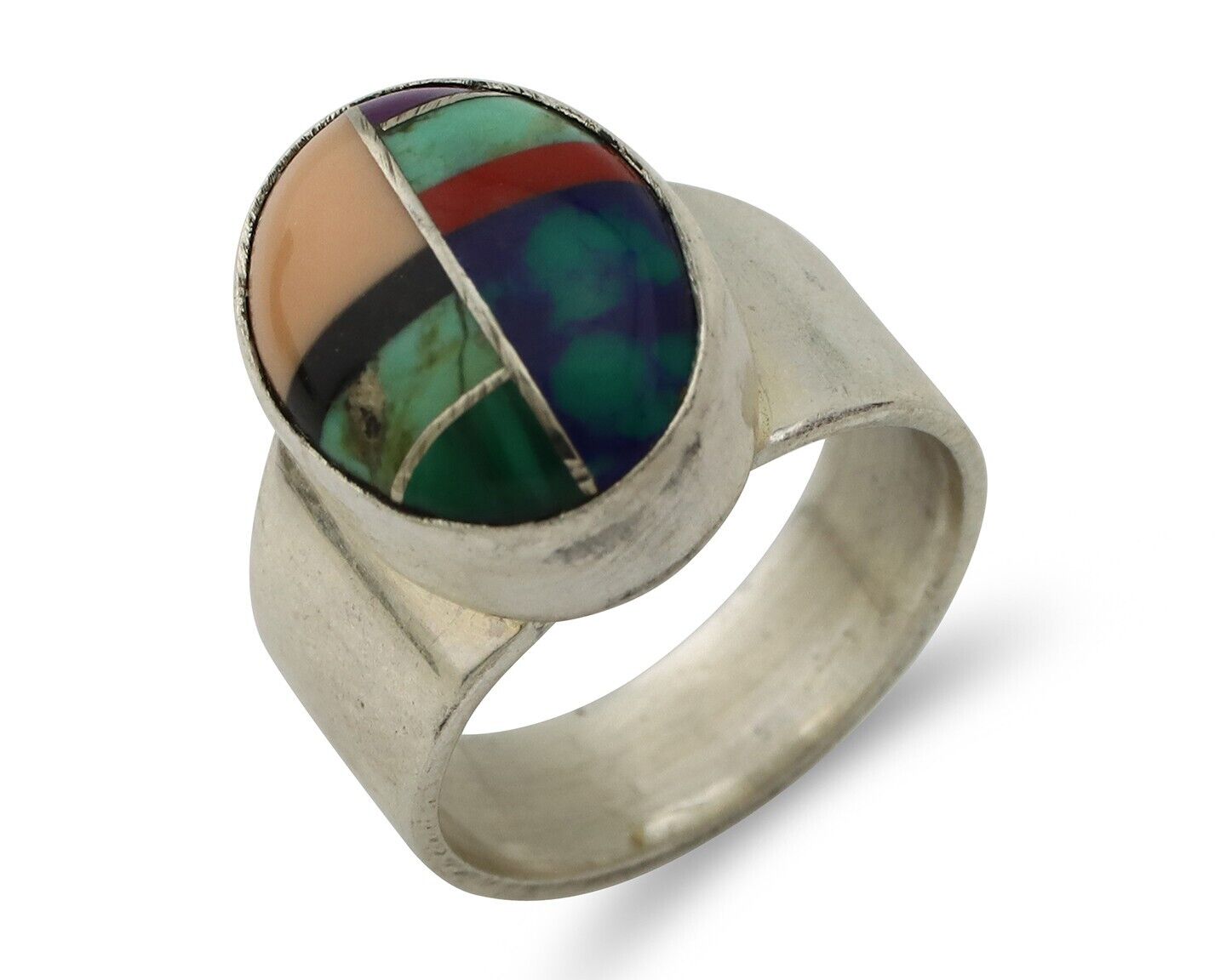 Zuni Inlaid Ring 925 Silver Mixed Natural Gemstones Native American Artist C.80s