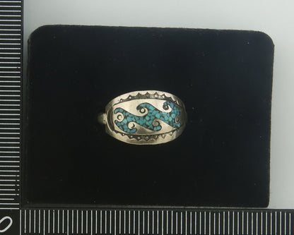 Navajo Ring 925 Silver Inlaid Turquoise Native American Artist C.80's Size 6.75