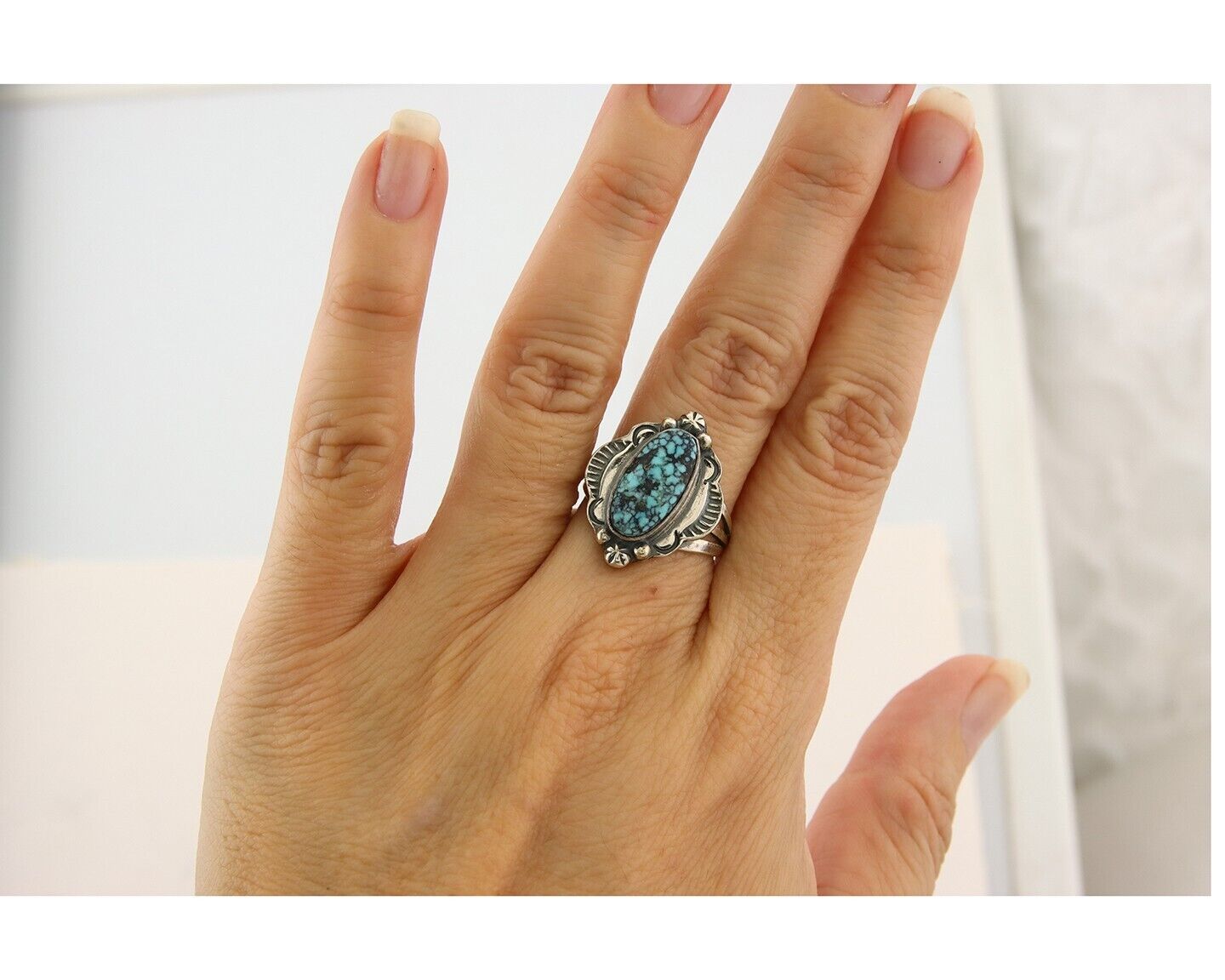 Navajo Ring 925 Sterling Turquoise Handmade Native Artist C.80's Size 7.0