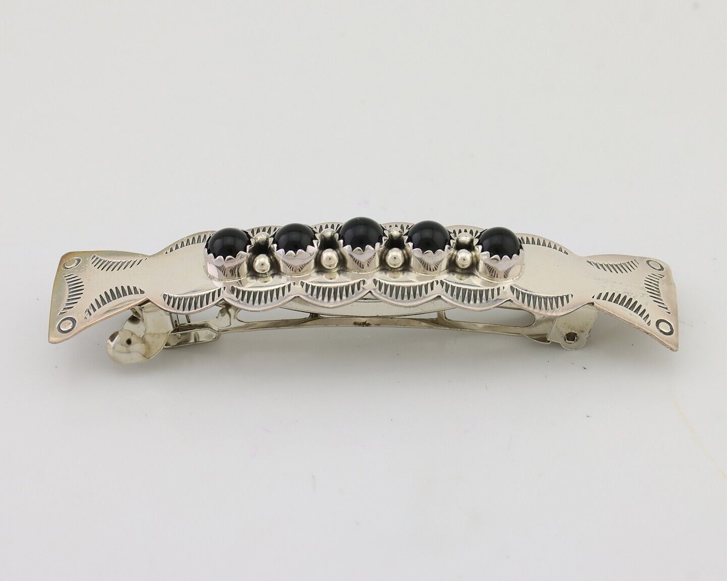 Women Navajo Hair Clip Barrette 925 Silver Hand Stamped Onyx Native Artist C.80s