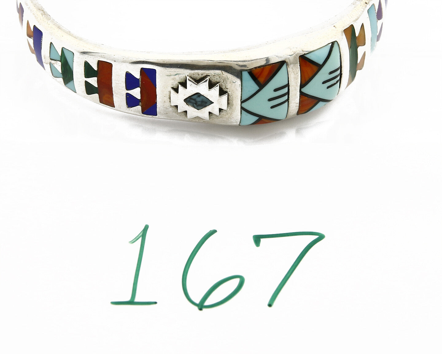 Navajo Cuff Bracelet.925 Silver Signed STC Inlay Natural Gemstones C. 1980's