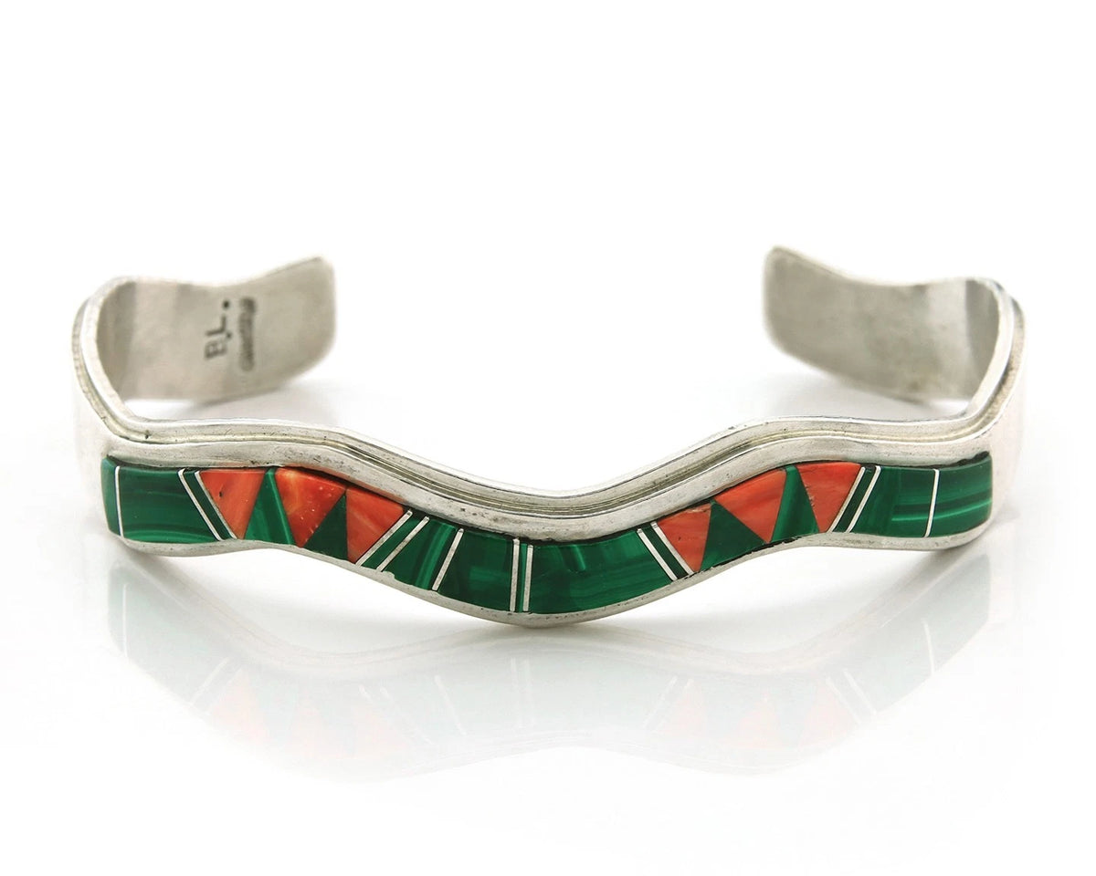 Navajo Cuff Bracelet 925 Sterling Silver Malachite & Oyster Vintage Signed BL