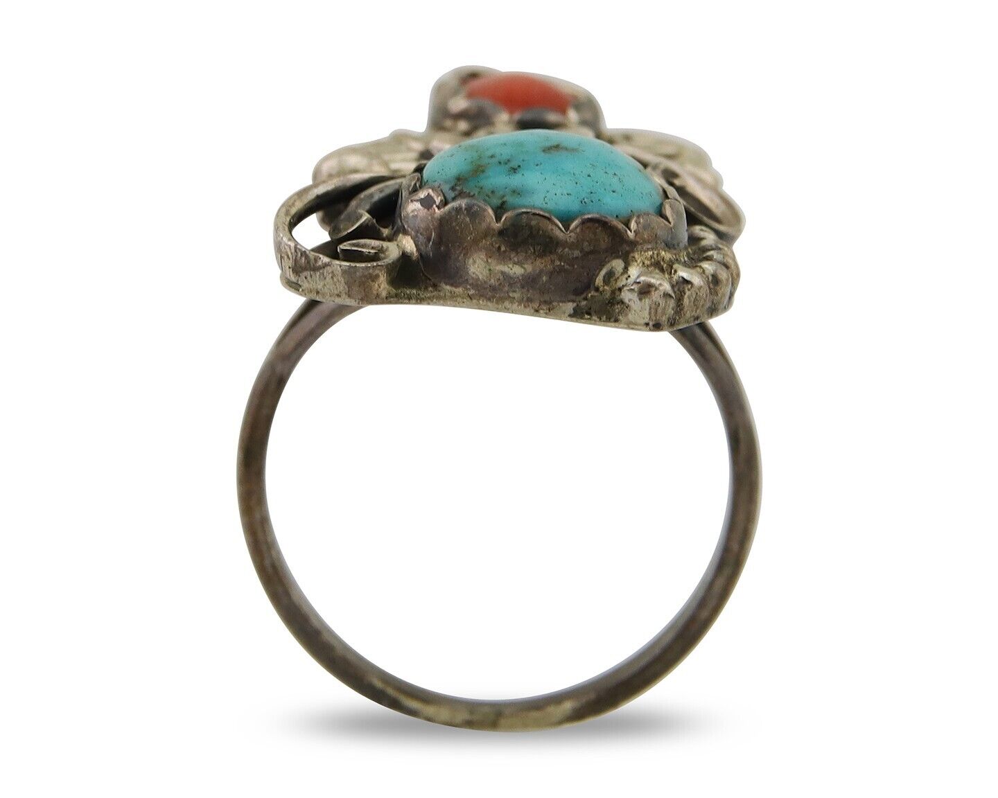 Navajo Handmade Ring 925 Silver Turquoise & Coral Artist Signed Dan Whitegoat 80