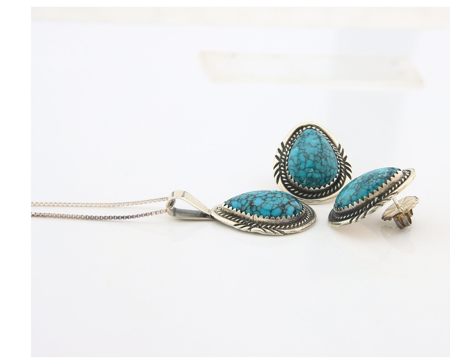 Navajo Necklace Earrings Set Sterling Silver Turquoise Vintage Signed AB