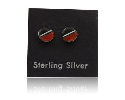 Navajo Earrings 925 Silver Inlaid Natural Onyx & Coral Native Artist C.80's