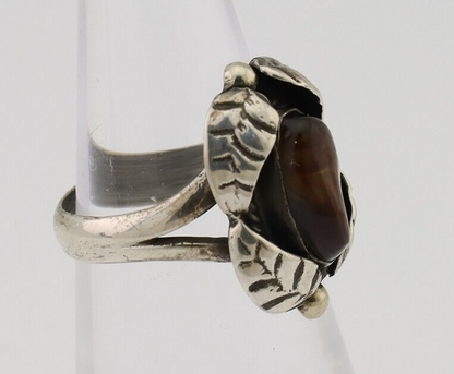 Navajo Handmade Ring 925 Silver Natural Fire Opal Native Artist Size 4.5 C.80's